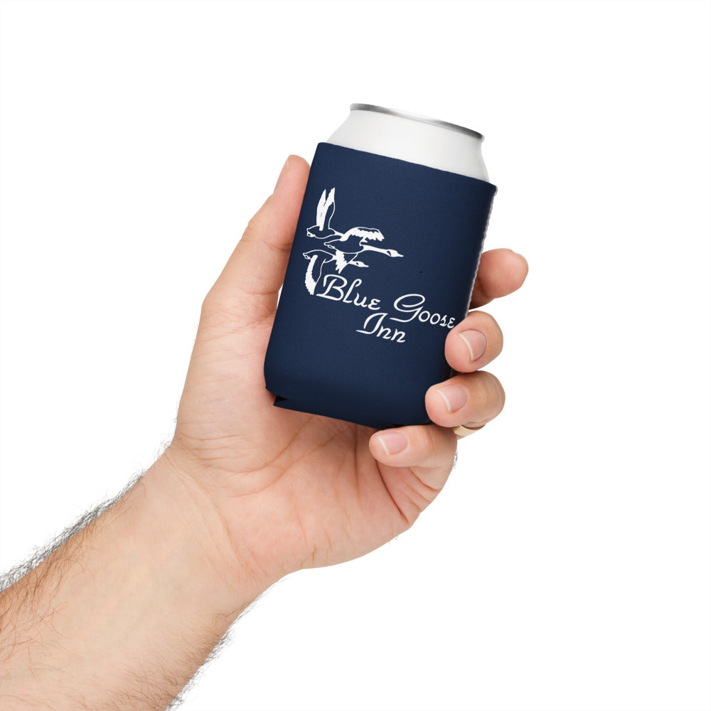 Blue Goose Inn crest can cooler, navy, in hand